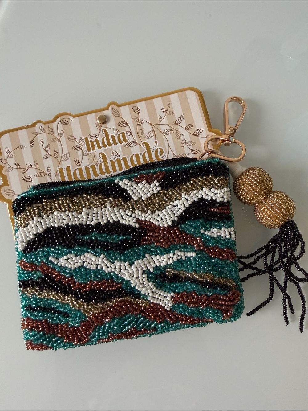 Beaded Teal, White & Brown Coin Pouch with tassel